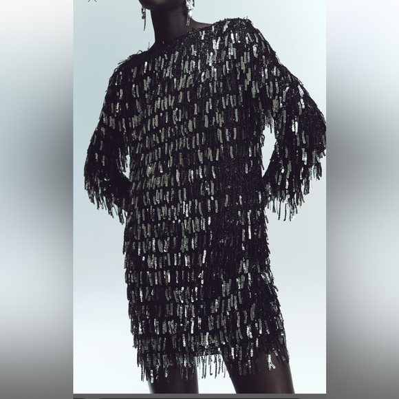 FRINGED SEQUIN MINI SHIFT DRESS - Picture 4 of 7